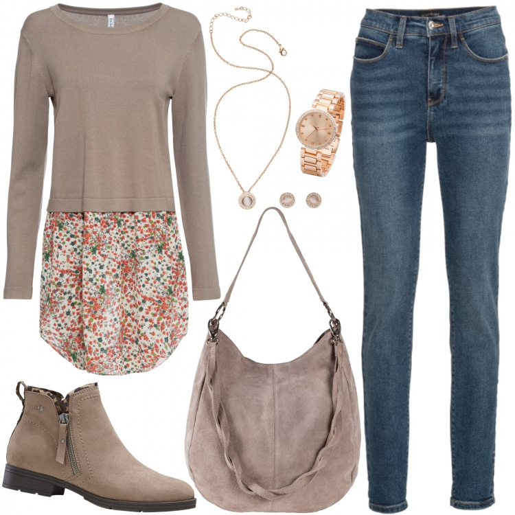 Outfit donna - Bonprix... Stile Basic per Tutti i giorni. Abbinamento con jeans skinny, borse a mano, maglioni, stivaletti, orecchini.