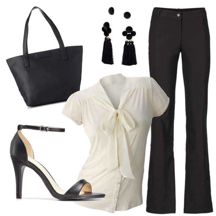Outfit donna - Basic #8036. Stile Basic per Ufficio. Abbinamento con pantaloni, camicia, sandali in pelle, orecchini, shopping bag con zip nero.