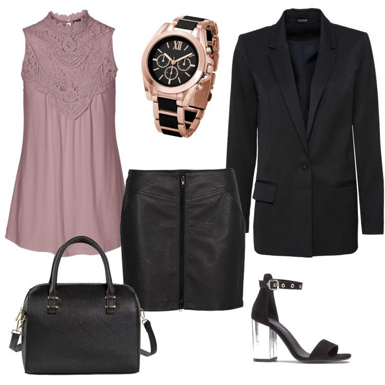 Outfit donna - In ufficio con bonprix. Stile Chic per Ufficio. Abbinamento con top, minigonne, sandali con tacco, blazer, top, borse a mano.
