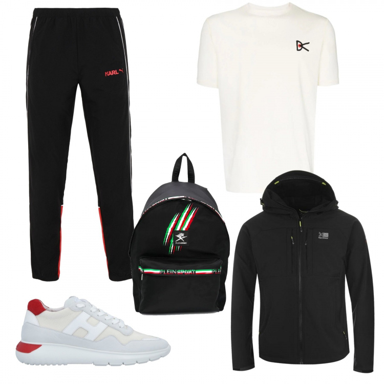 Outfit uomo - Al parco per un picnic. Stile Casual per Sport. Abbinamento con sneakers, pantalone lungo, t-shirt girocollo bianco, zaino, giacca.