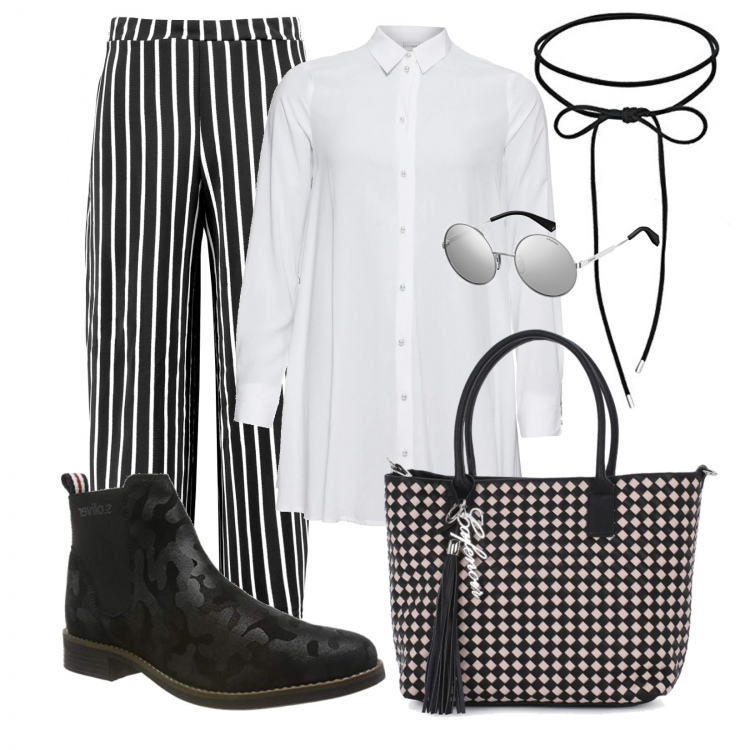 Outfit donna - Le freak c\'est chic. Stile Trendy per Tutti i giorni. Abbinamento con camicie, pantalone culotte, shopping bag nero, collane, stivali, occhiali da sole.