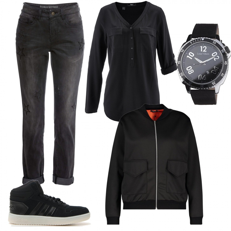Outfit donna - Curvy style: primavera rock. Stile Rock per Tutti i giorni. Abbinamento con bluse, jeans boyfriend, bomber, orologi analogici.