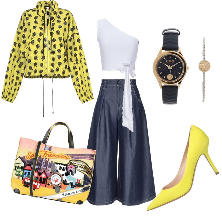 Outfit mujer - Tarde de compras 03. Estilo Trendy para Todos los días. Combinación con pantalone capri in denim, bolsos de mano, top, giacca fantasia floreale, orologio oro, salones.