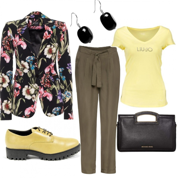 Outfit donna - Yellow stile. Stile Trendy per Tutti i giorni. Abbinamento con borse a tracolla, t-shirt, borse a mano, orecchini, giubbotto, scarpe in pelle giallo.