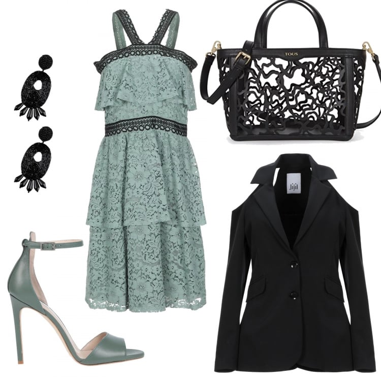 Outfit mujer - De fiesta. Estilo Trendy para Ceremonia. Combinación con borsa a mano, vestidos cortos, blazers, sandalias de tacón, pendientes.