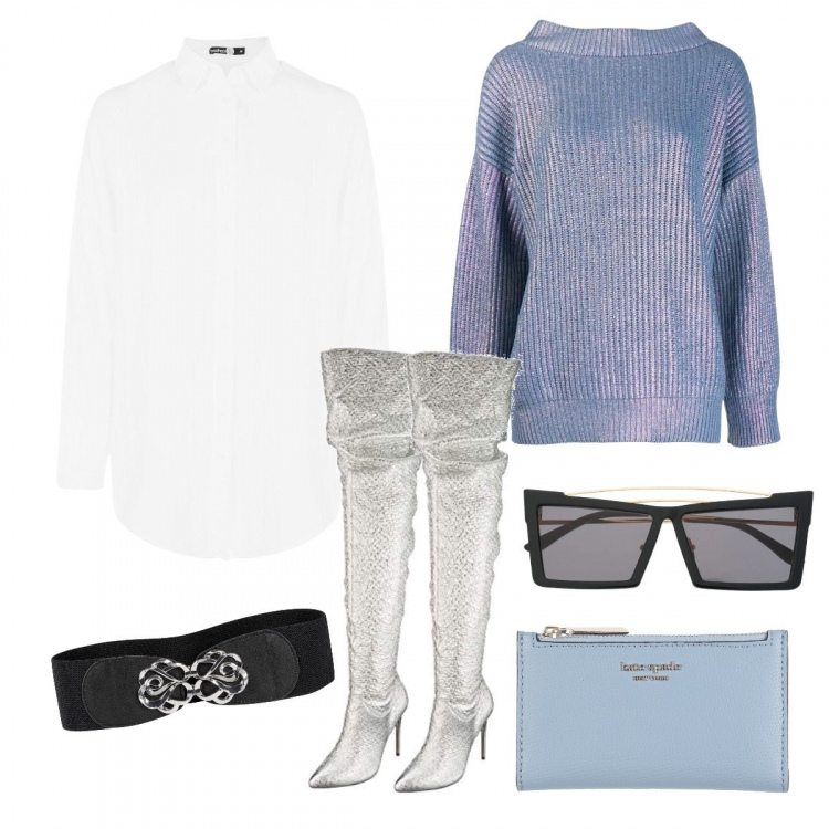 Outfit donna - Fashionable. Stile Urban per Tutti i giorni. Abbinamento con cinture, portafogli, camicia oversize bianco, maglione, occhiali da sole lenti a specchio nero, stivali sopra il ginocchio.