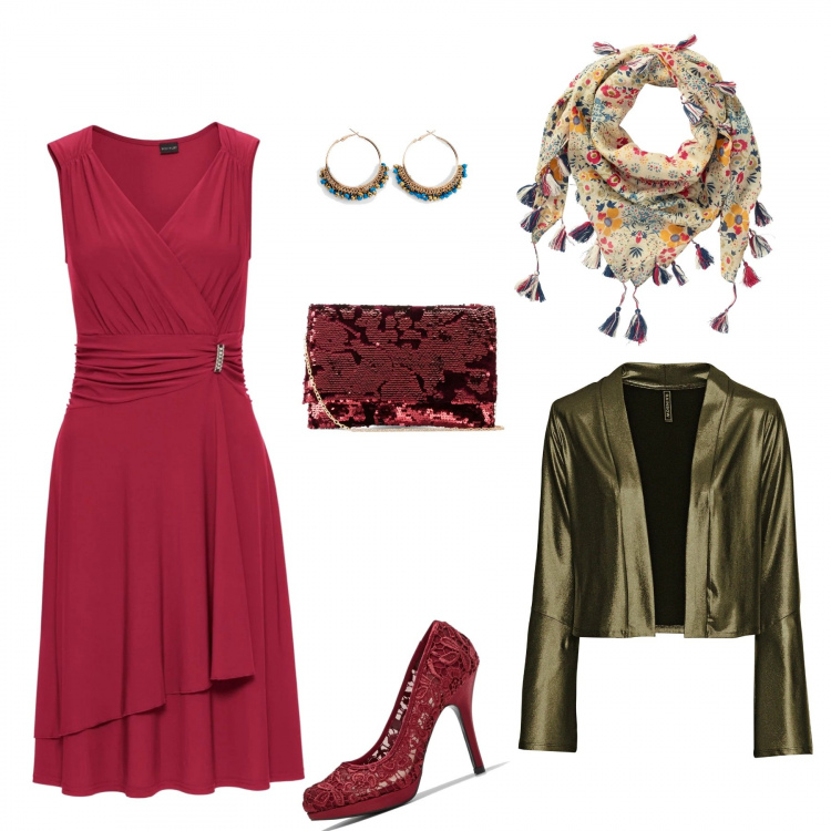 Outfit donna - Invito a cena dai suoceri. Stile Chic per Cerimonia. Abbinamento con vestiti lunghi, vestiti, blazer, foulard, pochette, orecchini.