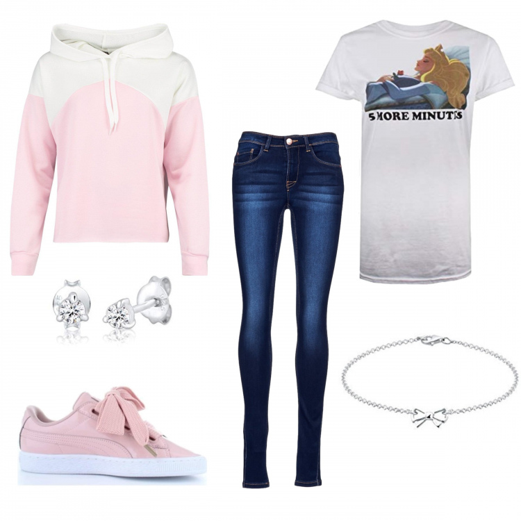 Outfit donna - Comfy outfit. Stile Basic per Tutti i giorni. Abbinamento con felpa oversize a coste con cappuccio e polsini, jeans, sneakers, t-shirt, braccialetti, orecchini a perno argento.