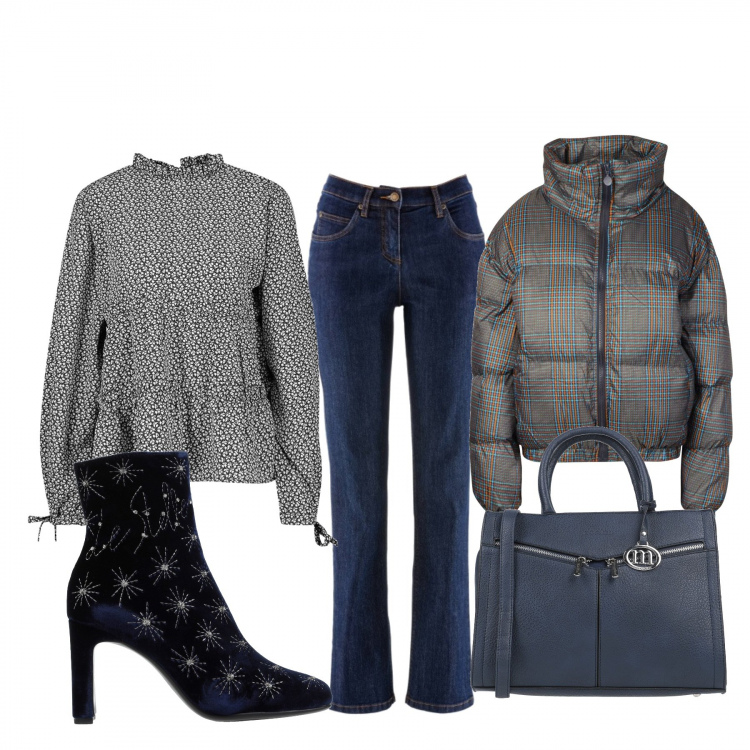 Outfit donna - Urban #6775. Stile Urban per Tutti i giorni. Abbinamento con jeans dritti, stivaletti, borsa a mano, top forma svasata con volant fantasia floreale nero, piumino.