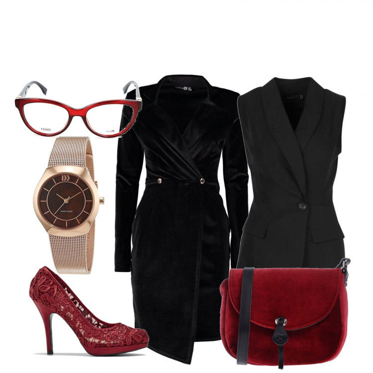 Outfit donna - Sexy #2078. Stile Sexy per Serata fuori. Abbinamento con borse a spalla, vestiti lunghi, vestiti, blazer, montatura occhiali rosso, orologi.