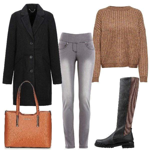 Outfit donna - Basic in the city Winter edition. Stile Basic per Tutti i giorni. Abbinamento con jeans slim fit, stivali, cappotti, borsa a spalla, pullover.
