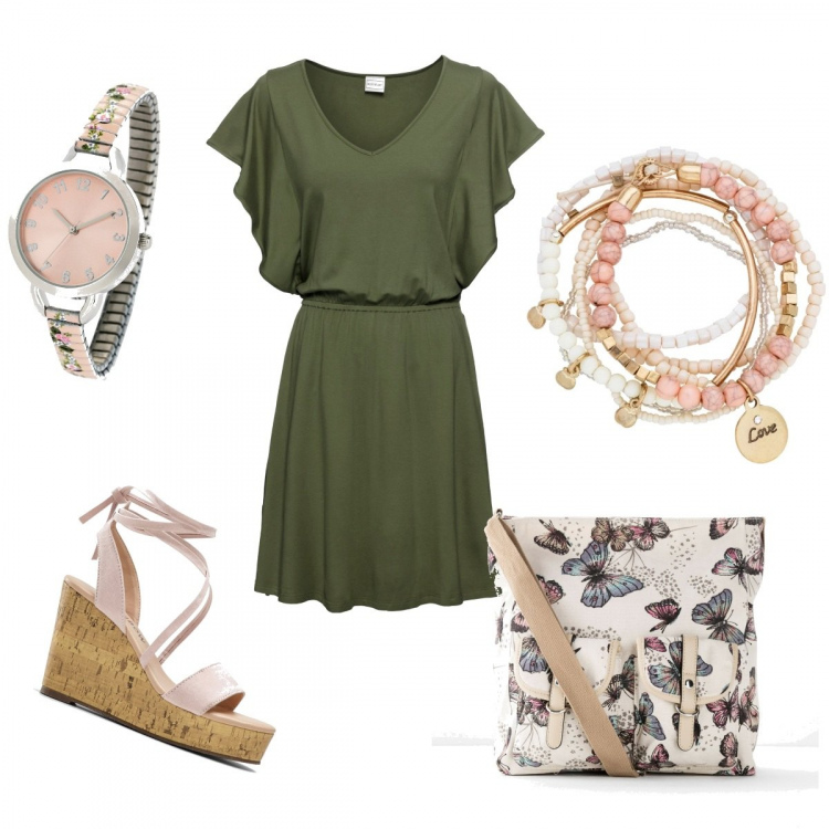 Outfit donna - Urban #6789. Stile Urban per Ufficio. Abbinamento con borse a tracolla, braccialetti, vestiti, sandali, orologio.