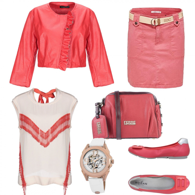 Outfit donna - Con le ballerine. Stile Trendy per Tutti i giorni. Abbinamento con ballerine, top, borsa a tracolla mini con borchie e zip interno foderato in pelle sintetica tinta unita, giacca, gonne, orologi.