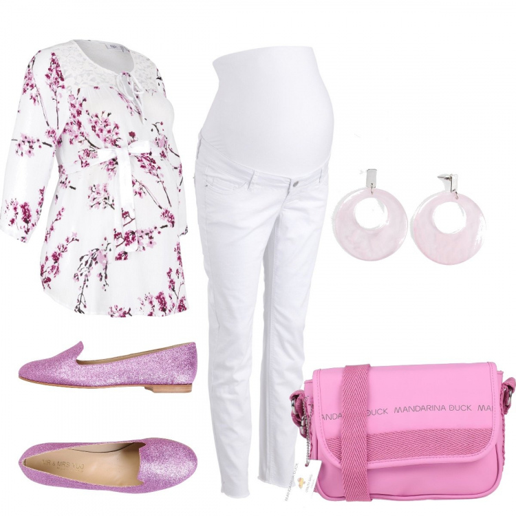 Outfit donna - Shopping in dolce attesa. Stile Basic per Tutti i giorni. look ideale per Premaman. Abbinamento con bluse, pantaloni, orecchini, borsa a tracolla, mocassini.
