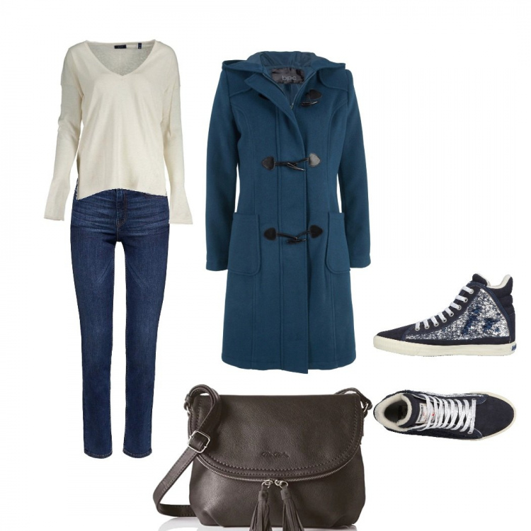 Outfit donna - Basic, tempo libero. Stile Basic per Tutti i giorni. Abbinamento con montgomery, sneakers tennis effetto scamosciato senza tacco con punta tonda tinta unita, maglia, borsa a tracolla, jeans.