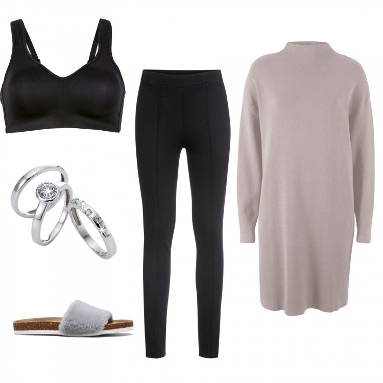 Outfit donna - Serata Netflix e divano. Stile Basic per Tutti i giorni. Abbinamento con reggiseni, vestiti, treggings, pantofole con fiocco grigio, anelli.