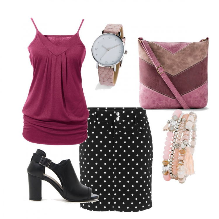 Outfit donna - La gonna a pois. Stile Basic per Tutti i giorni. Abbinamento con top, minigonna, borse a tracolla, braccialetti, orologio, stivaletti.
