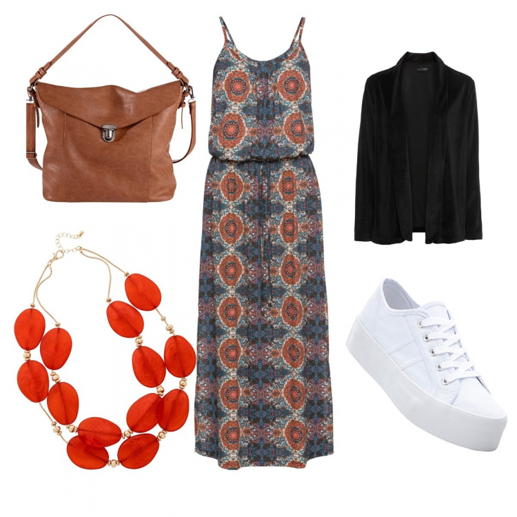 Outfit donna - Etnico #913. Stile Etnico Abbinamento con vestiti lunghi, sneakers, portafogli, blazer, orecchini, collane.
