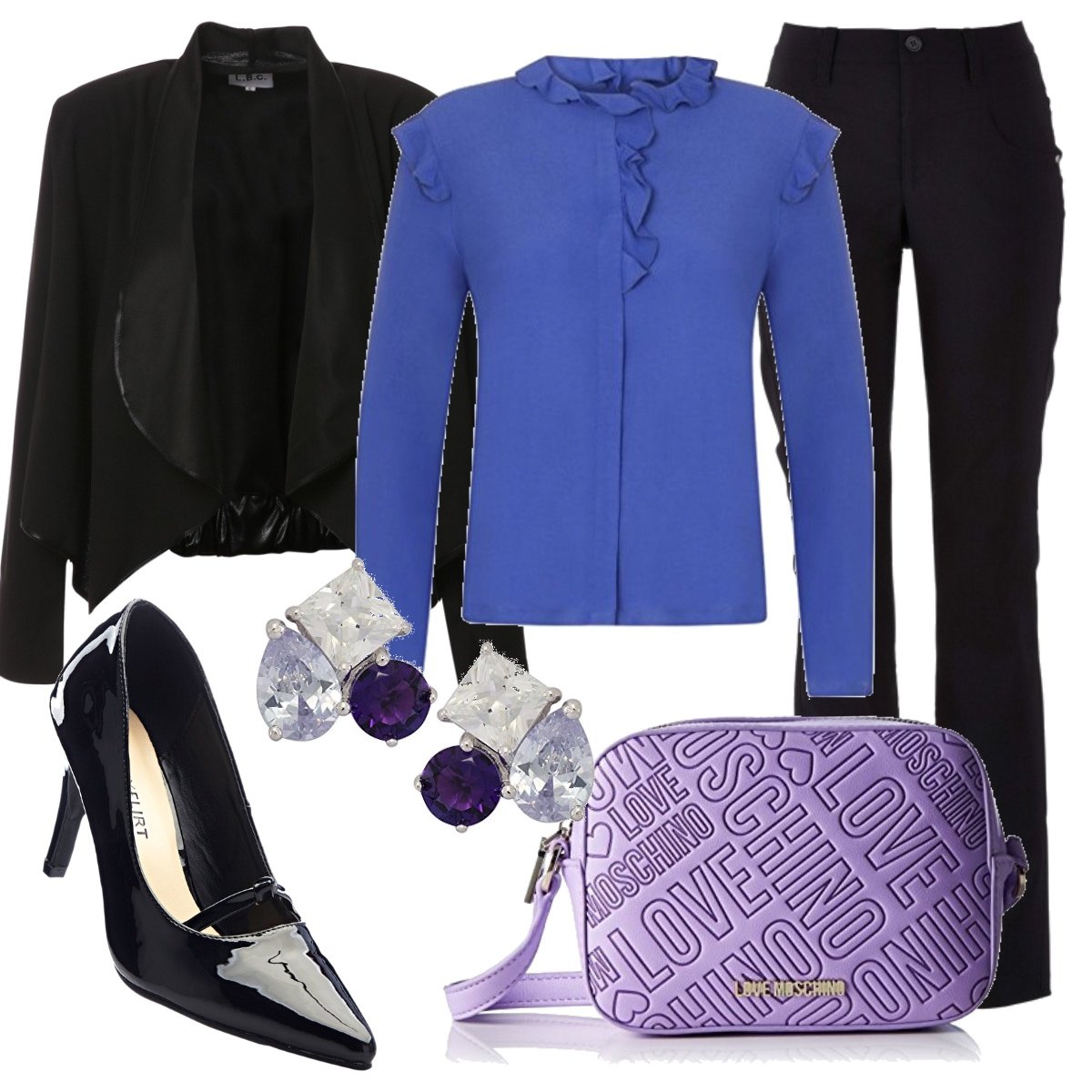 Outfit donna - Borsa griffata. Stile Chic per Ufficio. Abbinamento con pantaloni, blazer scollo a cascata nero.