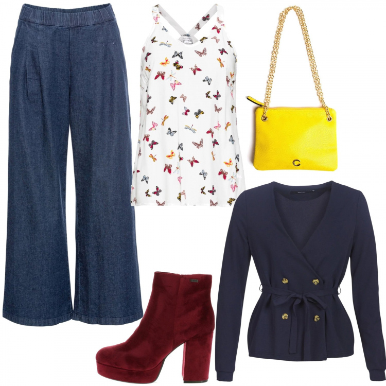 Outfit donna - Libera come una farfalla. Stile Chic per Tutti i giorni. Abbinamento con top, jeans, blazer, borse, stivaletti.