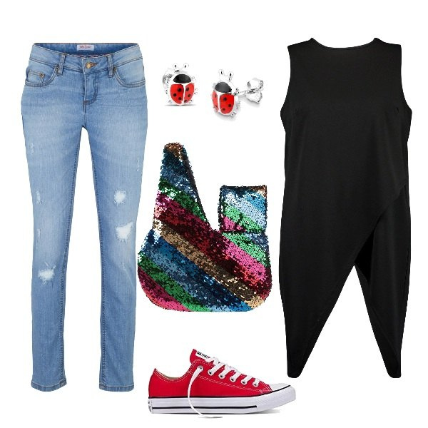 Outfit donna - Urban #6831. Stile Urban per Tutti i giorni. Abbinamento con jeans skinny, borsa a mano, top, sneakers, orecchini.