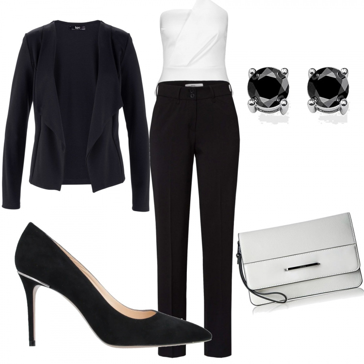 Outfit donna - Puro stile!. Stile Bon Ton per Serata fuori. Abbinamento con blazer, décolleté, corpo, pantaloni, clutch, orecchini.