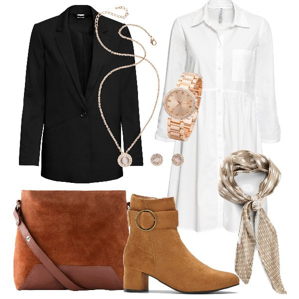 Outfit donna - Trendy #14242. Stile Trendy per Tutti i giorni. Abbinamento con blazer, camicie, gonne longuette, giacche, stivaletti, orecchini.