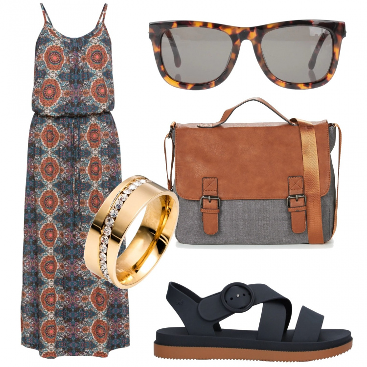 Outfit donna - Commissioni in città. Stile Basic per Tutti i giorni. look ideale per Tall. Abbinamento con vestiti lunghi, anello oro, sandali, occhiali da sole, borsa a tracolla.