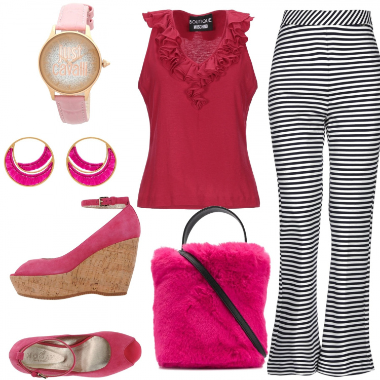 Outfit donna - Pantaloni a righe e zeppe fucsia. Stile Trendy per Tutti i giorni. Abbinamento con décolleté, top, pantalone lungo, orologio, orecchini, borse a secchiello.