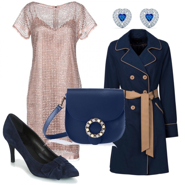 Outfit donna - Trendy #14284. Stile Trendy per Tutti i giorni. Abbinamento con trench, vestiti corti, scarpe blu, borse a spalla, orecchini.