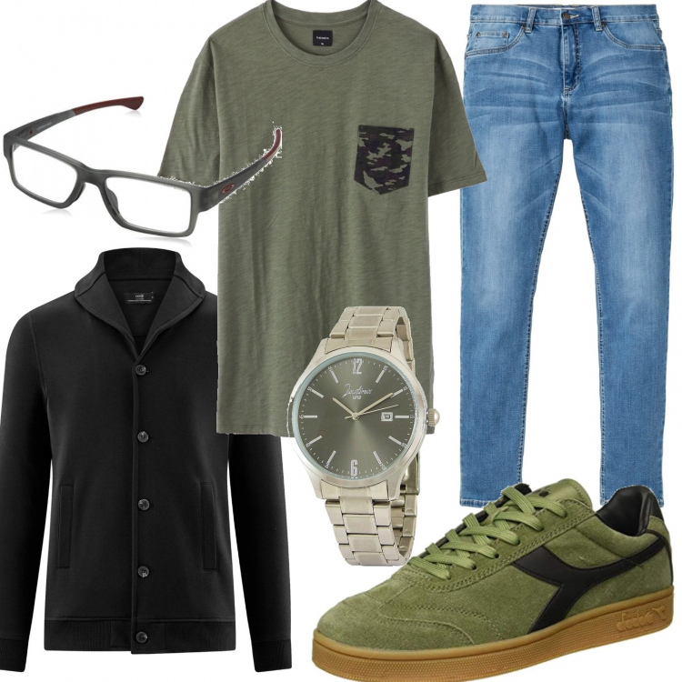 Outfit uomo - Urban #2437. Stile Urban per Tutti i giorni. Abbinamento con jeans, t-shirt, scarpe sport, giacche, orologi, montatura occhiali effetto satinato nero e grigio.