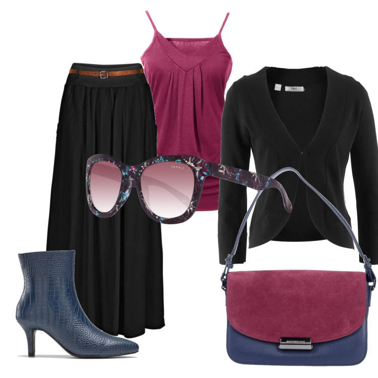 Outfit donna - Etnico #928. Stile Etnico per Tutti i giorni. Abbinamento con top, gonna, blazer, stivaletti, borse a mano, occhiali da sole multicolore.