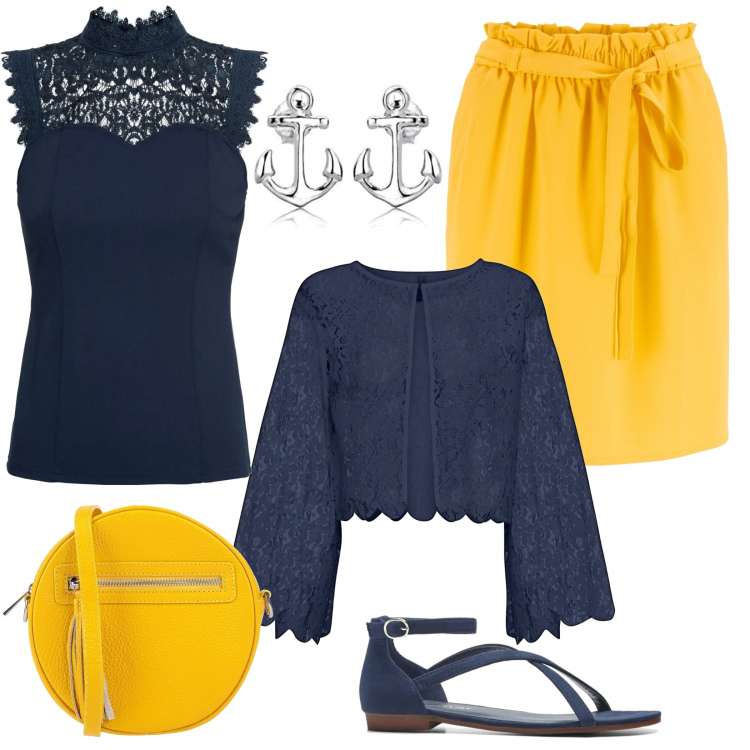 Outfit femme - Été Marine. Style Tendance pour Tous les jours. Assortir avec pulls, vestes, blazers et manteaux, jupes longues, sandales, sabots, mules et tongs tendance, boucles d'oreilles, sacs à l'épaule.