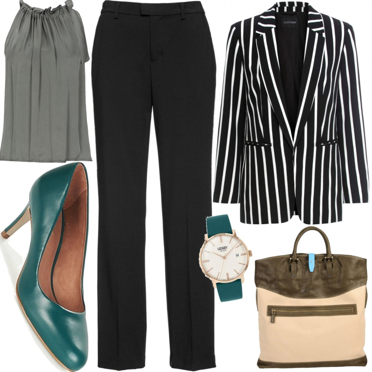 Outfit donna - In trasferta. Stile Chic per Ufficio. Abbinamento con blazer, pantalone palazzo con strass nero, top, borse a cartella, scarpa, orologio analogico con cinturino.