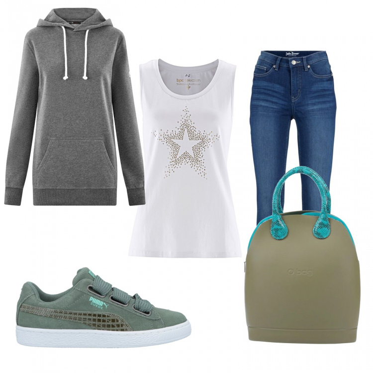 Outfit donna - Basic #8338. Stile Basic per Tutti i giorni. Abbinamento con jeans, top, borse a mano, sneakers, pullovers.