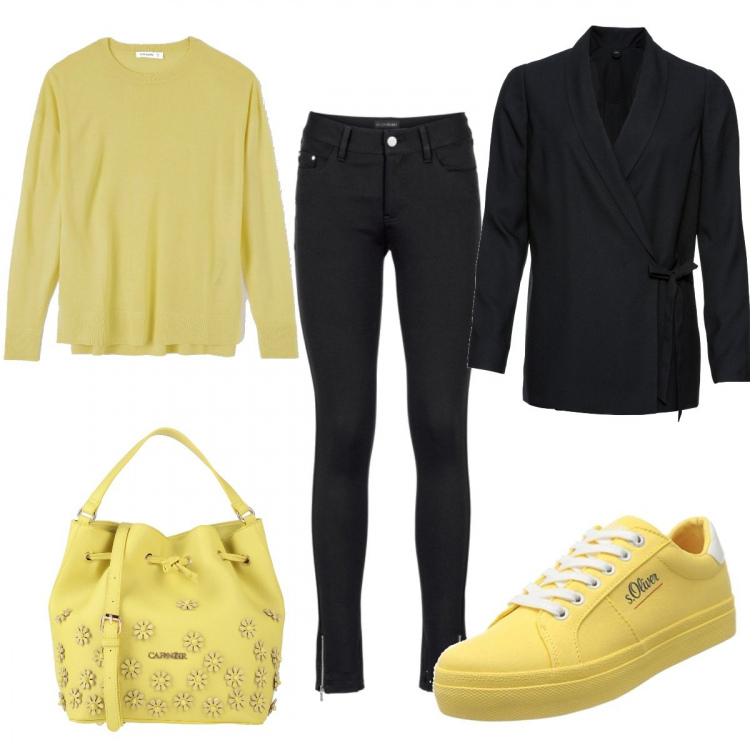 Outfit donna - Il colore della gioia. Stile Basic per Tutti i giorni. Abbinamento con pantaloni, blazer, borsa a mano, pullovers, sneakers.