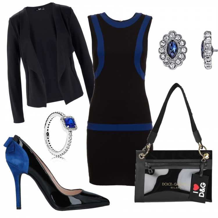 Outfit donna - Blu intense. Stile Bon Ton per Ufficio. Abbinamento con blazer, décolleté, pochette, vestito, anelli, orecchini.