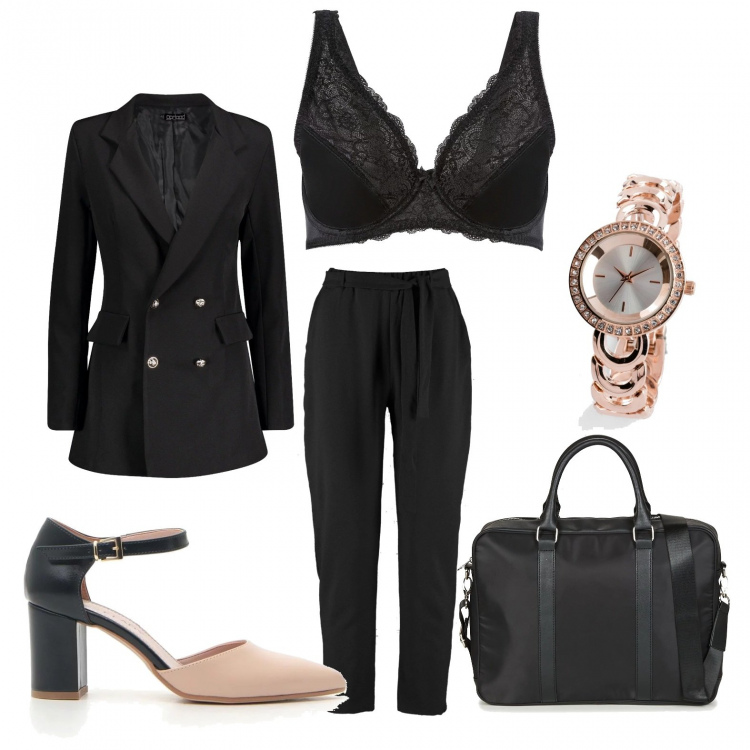 Outfit donna - Buon inizio settimana. Stile Basic per Ufficio. Abbinamento con reggiseni, orologio, blazer, pantalone lungo, portacomputer nero, décolleté.