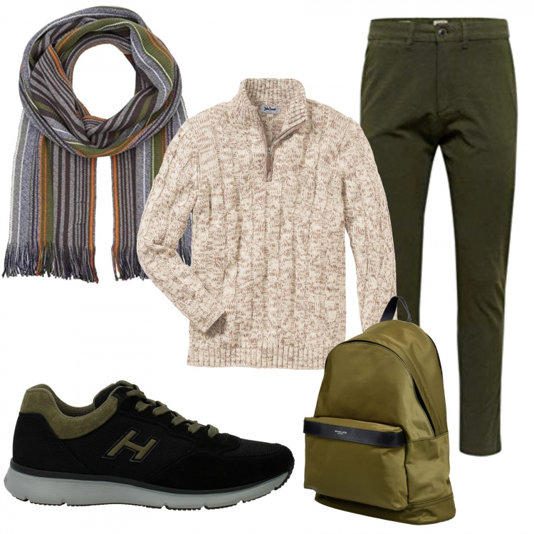 Outfit uomo - Urban #2449. Stile Urban per Tutti i giorni. Abbinamento con maglieria, zaino, sneakers, pantaloni, sciarpa.