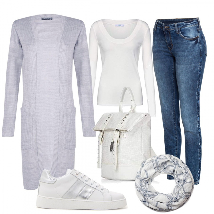 Outfit donna - Cardigan e sneakers. per Tutti i giorni. Abbinamento con jeans skinny, cardigan petite con tasche, sneakers, foulard, maglia, borse a mano.