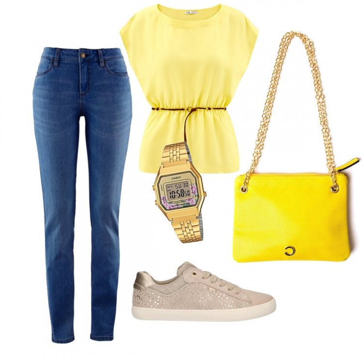 Outfit donna - Giallo. Stile Basic per Tutti i giorni. Abbinamento con jeans skinny, camicie a manica corta, sneakers, borse, orologi digitali.