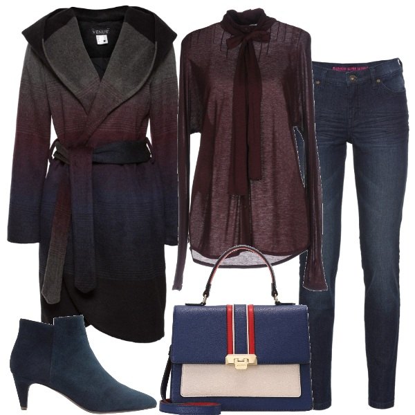 Outfit donna - Blu e bordeaux. Stile Trendy per Tutti i giorni. Abbinamento con jeans skinny, vestiti.