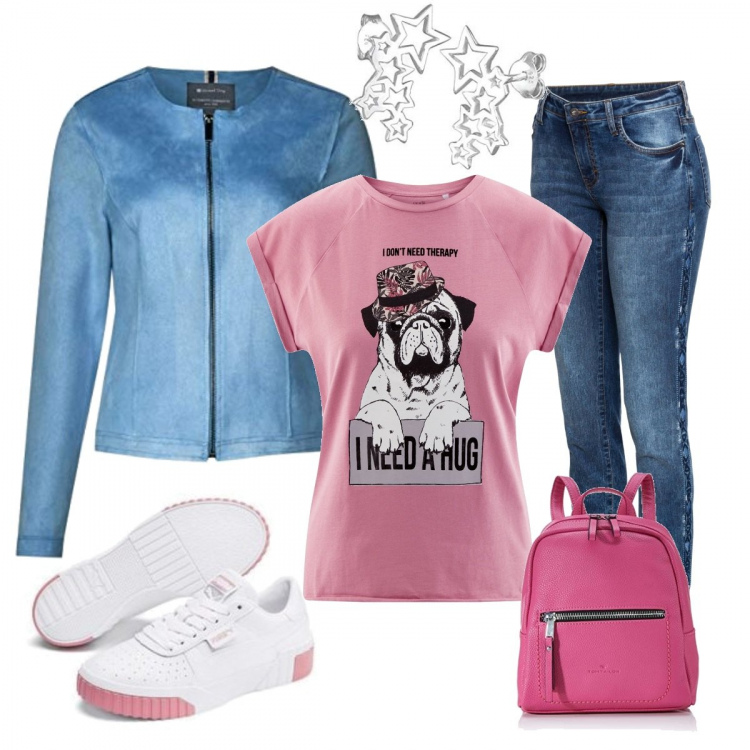Outfit donna - Primavera al sud. Stile Trendy per Tutti i giorni. Abbinamento con jeans skinny, t-shirt, blazer, sneakers bianco, zaini, orecchini.