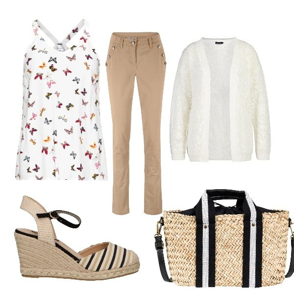 Outfit donna - 0108#in ufficio in primavera. Stile Basic per Tutti i giorni. Abbinamento con top, borse a mano, pantalone elasticizzato beige, cardigan bianco, sandali.