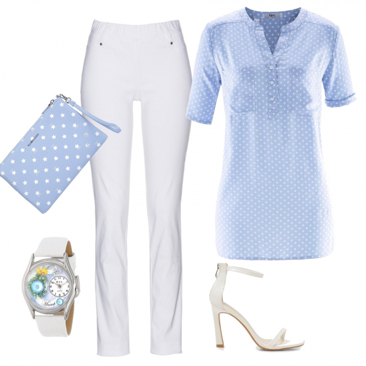 Outfit donna - Giornata estiva. Stile Bon Ton per Tutti i giorni. Abbinamento con pantaloni, tunica, borsa a mano, scarpa col tacco, orologi.