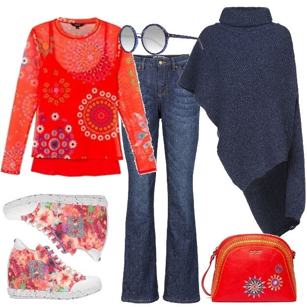 Outfit donna - Oggi sono più alta. Stile Trendy per Tutti i giorni. Abbinamento con jeans bootcut, sneakers alte, cappe, t-shirt, borsa a tracolla, occhiali da sole blu.