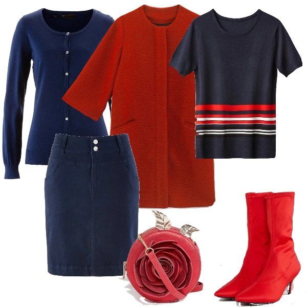 Outfit donna - Di blu e rosso vestita. Stile Basic per Tutti i giorni. Abbinamento con cardigans, minigonna.