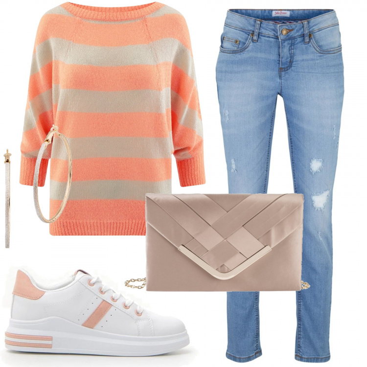 Outfit donna - Righe e.. Classe. Stile Urban per Tutti i giorni. Abbinamento con jeans skinny, gonne, orecchini, maglioni, sneakers.