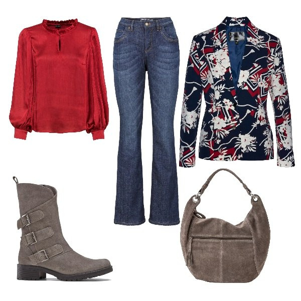 Outfit donna - Urban #6991. Stile Urban per Tutti i giorni. look ideale per Tall. Abbinamento con jeans bootcut, blazer, bluse, shopping bag, stivali.
