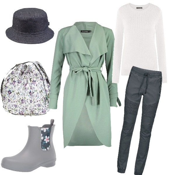 Outfit donna - Quando fuori piove. Stile Trendy per Tutti i giorni. Abbinamento con pantaloni sportivi, giacca, borsa a mano, stivali, maglione, cappelli.
